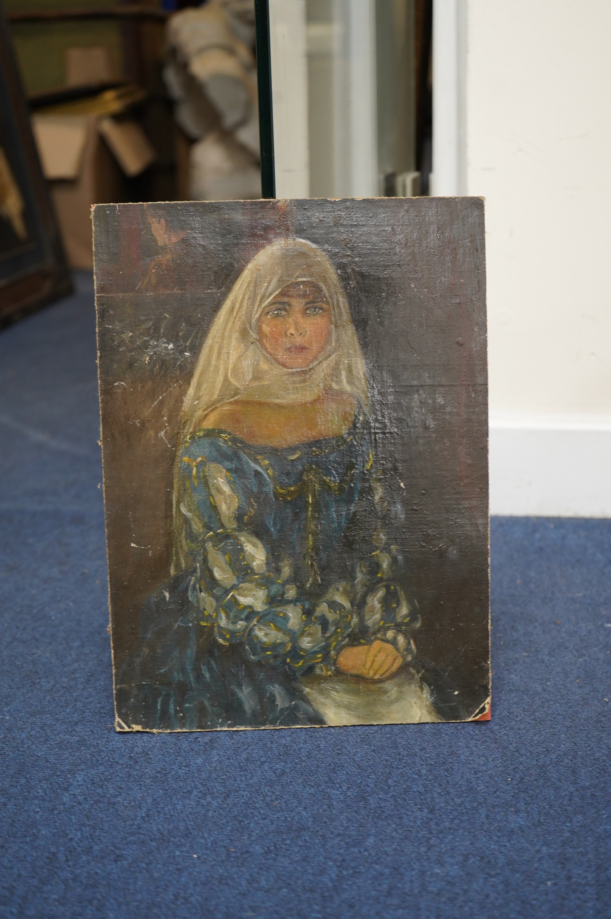 Greek School, oil on canvas laid on board, Portrait of a bride, 35 x 25.5cm, unframed. Condition - poor